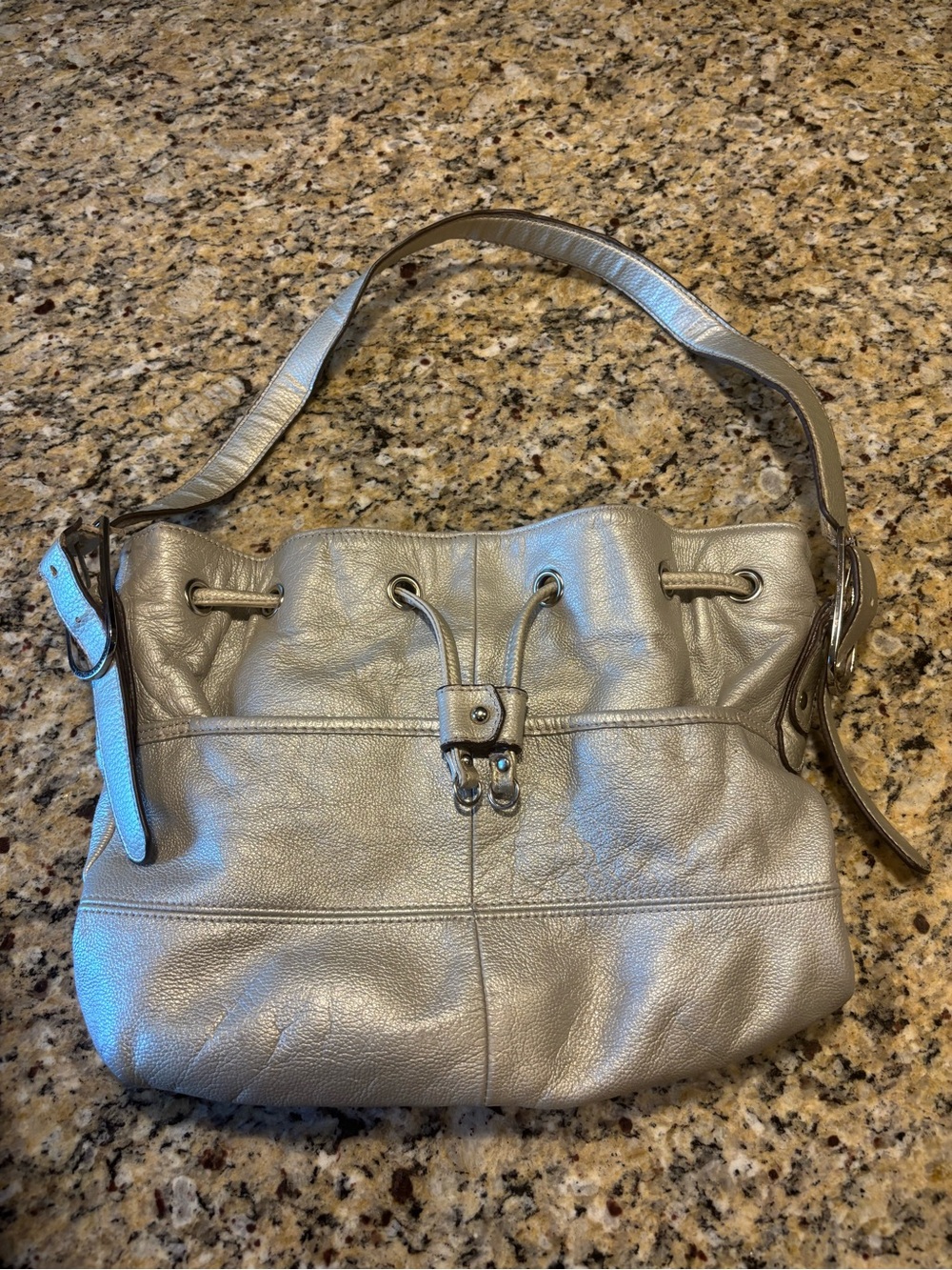 Tignanello Metallic Silver Pebbled Leather Drawstring Shoulder Bag